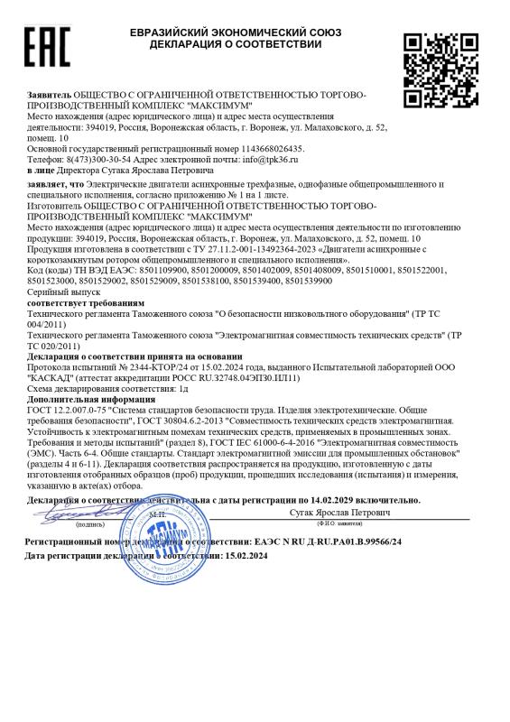Декларация ЕАЭС N RU Д-RU.РА01.В.99566/24 Электродвигатели асинхронные